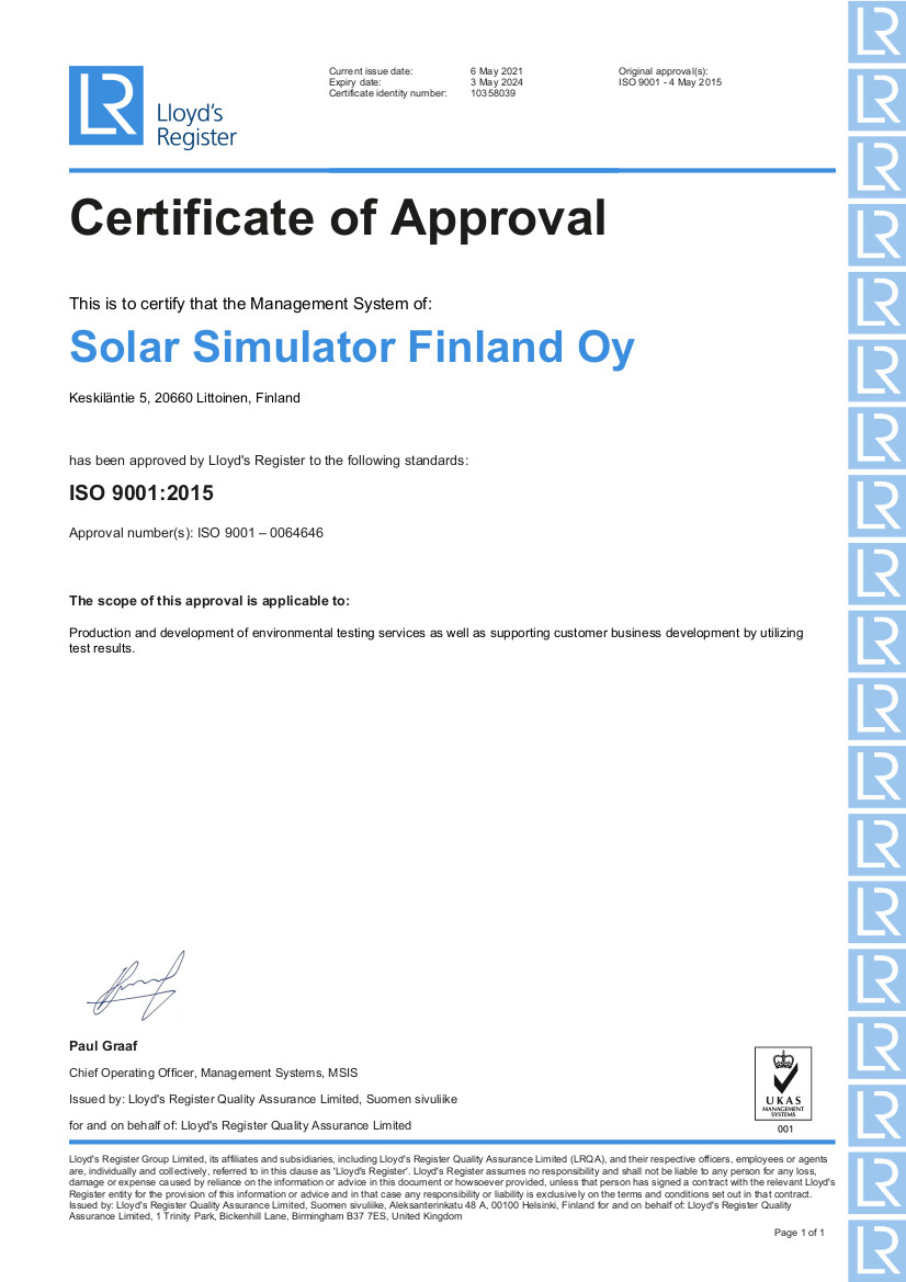 ISO9001-certificate-UKAS-SolarSimulatorFinland