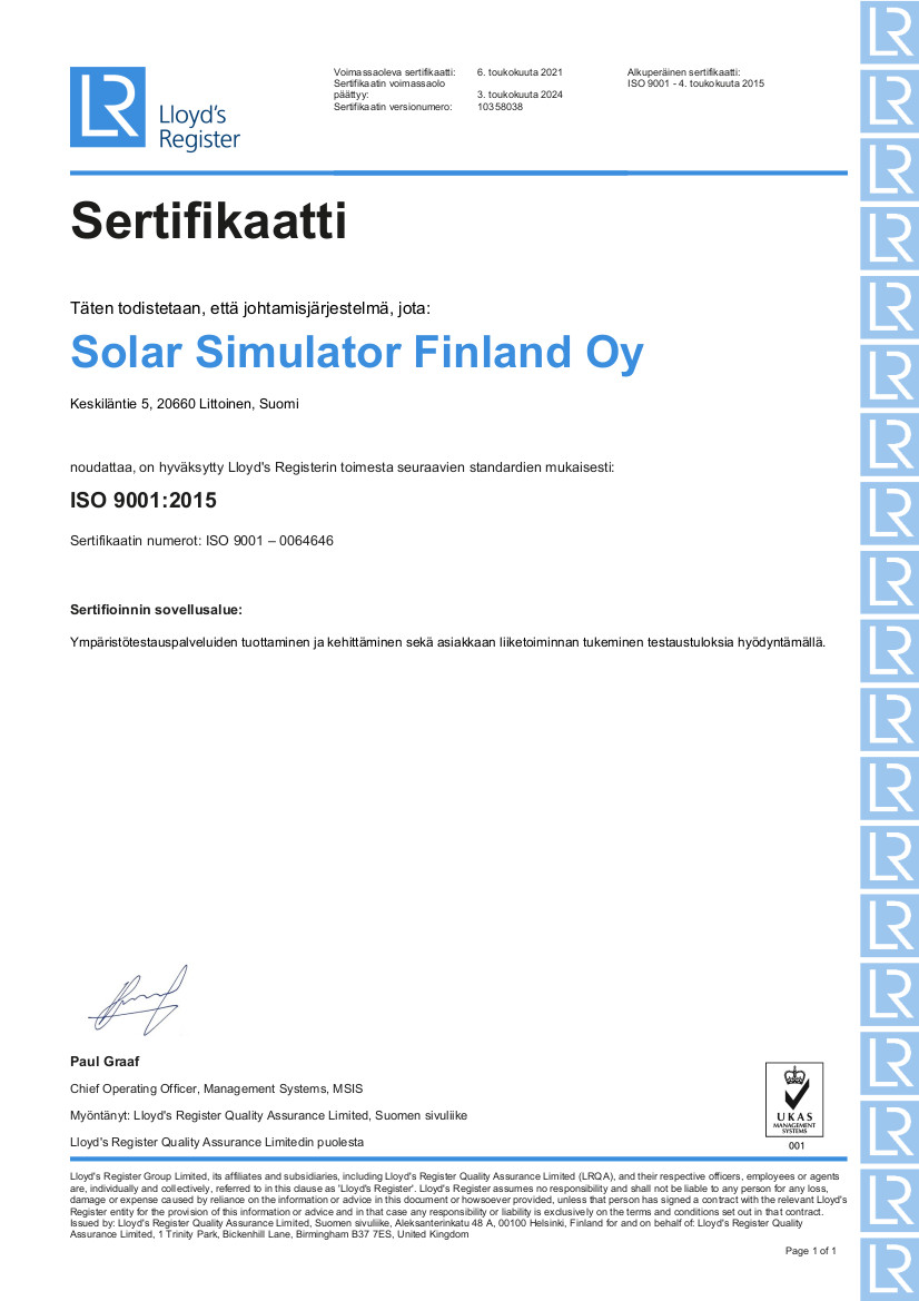 ISO9001-sertifikaatti-UKAS-SolarSimulatorFinland